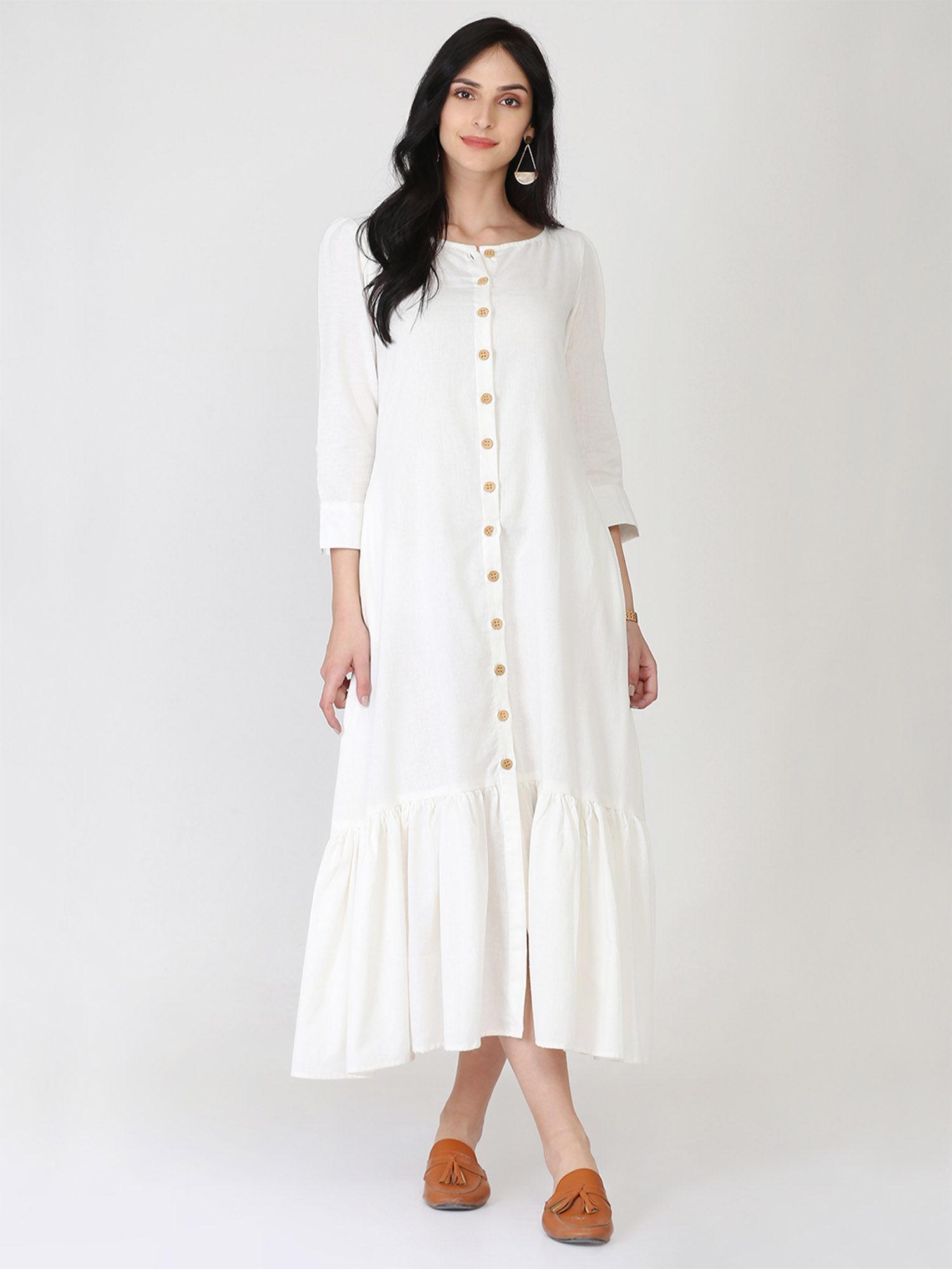 cotton linen white front open pleated hem dress