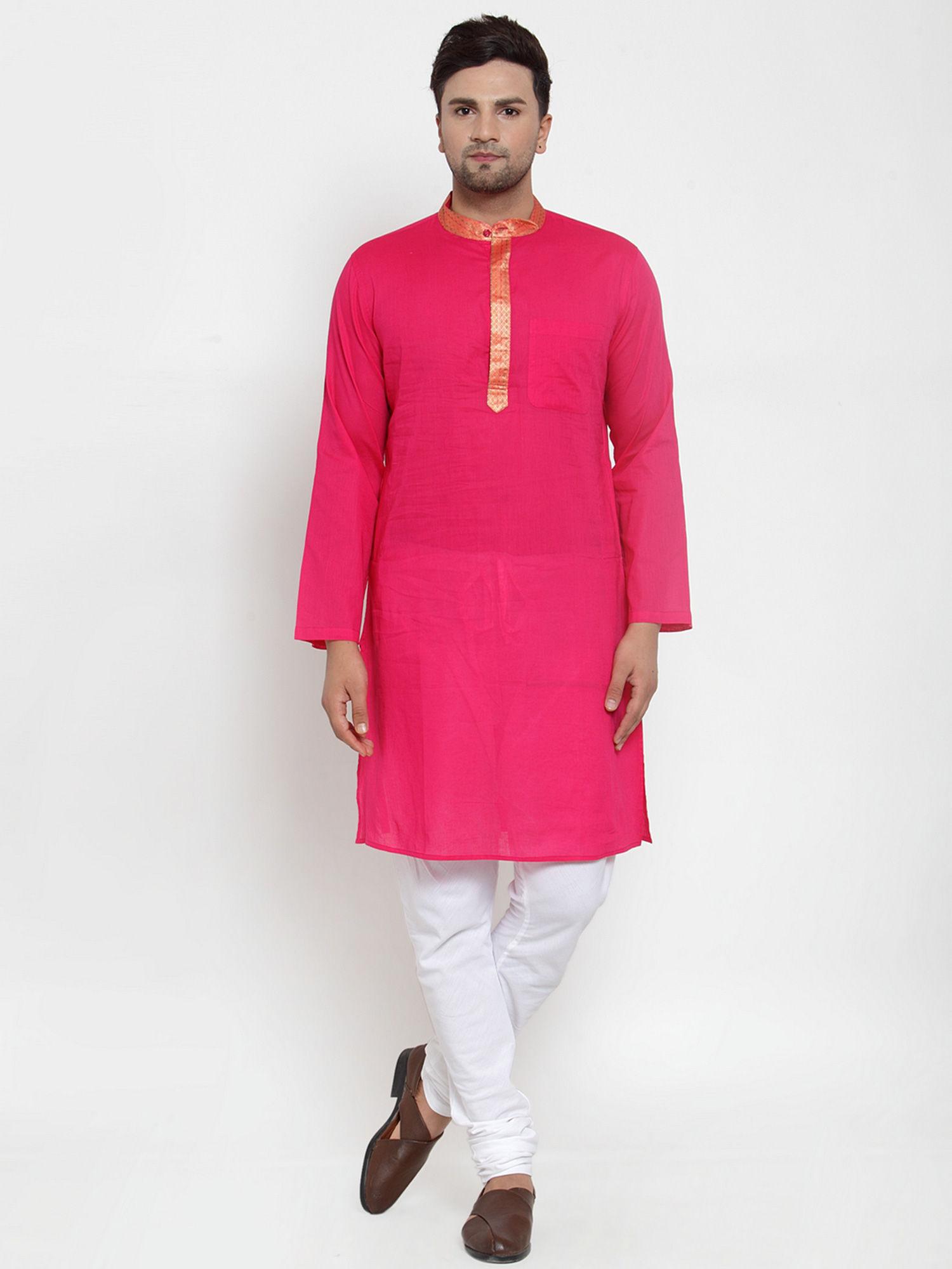 cotton long kurta & churidar pyjama set for men pink (pack of 2)