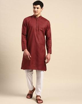 cotton long kurta with mandarin collar