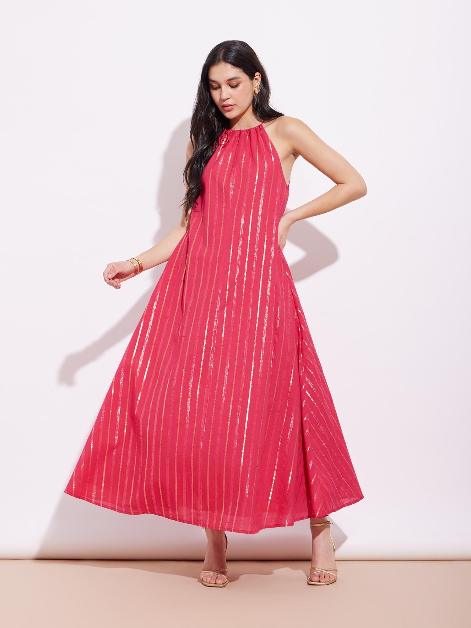 cotton lurex gold striped halter neck dress - red