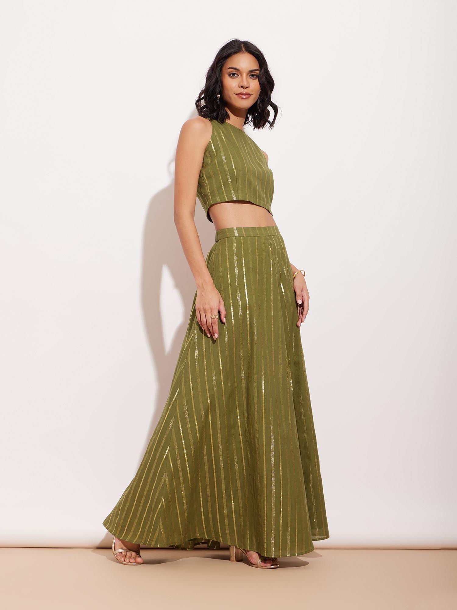 cotton lurex gold top and striped skirt - green (set of 2)