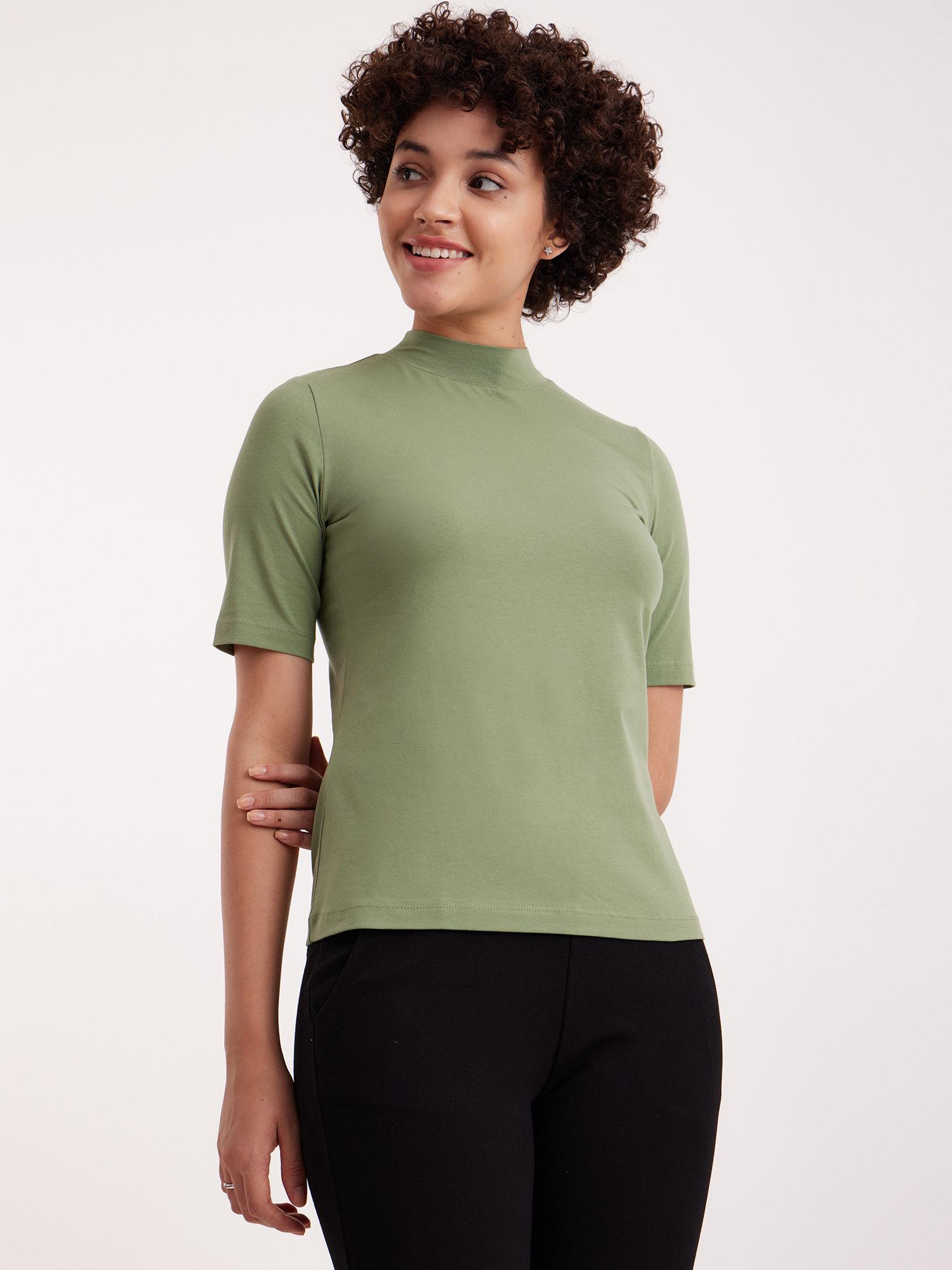 cotton lycra high neck livin tee - sap green