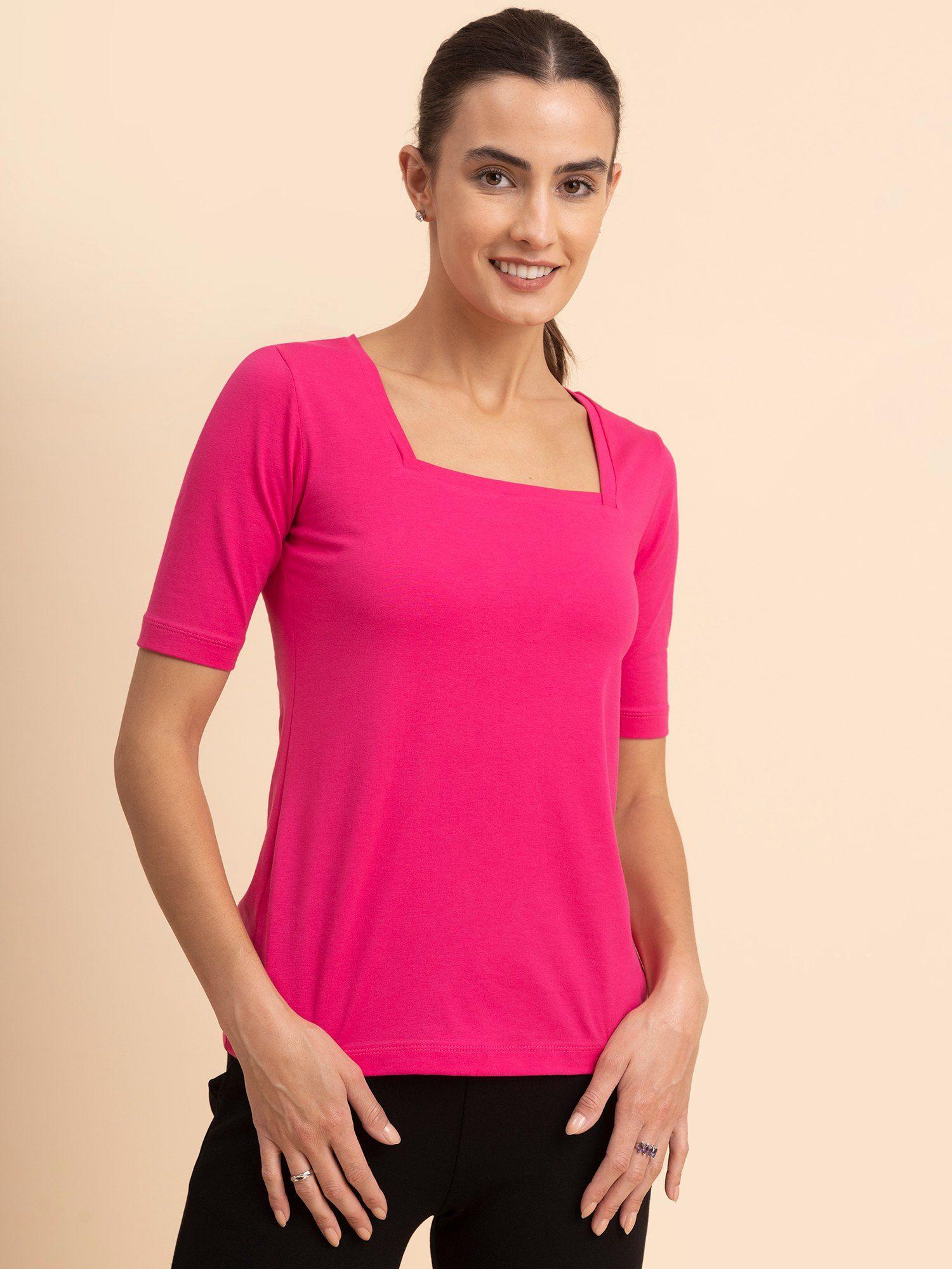 cotton lycra square neck livin tee - pink