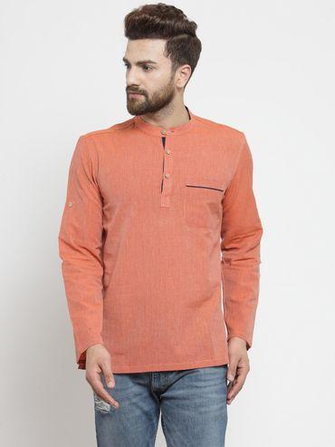 cotton mandarin collar roll up sleeve short kurta- orange