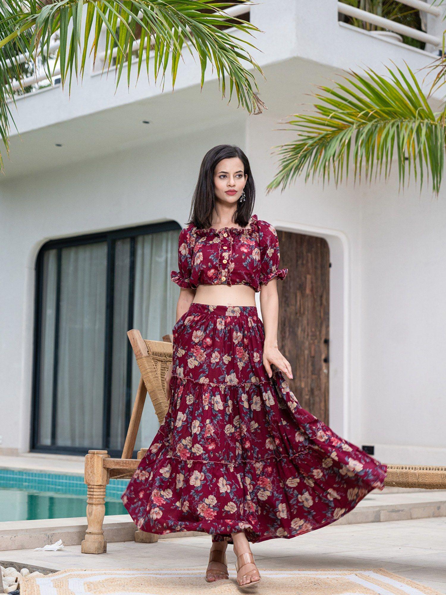 cotton maroon floral crop top & skirt (set of 2)