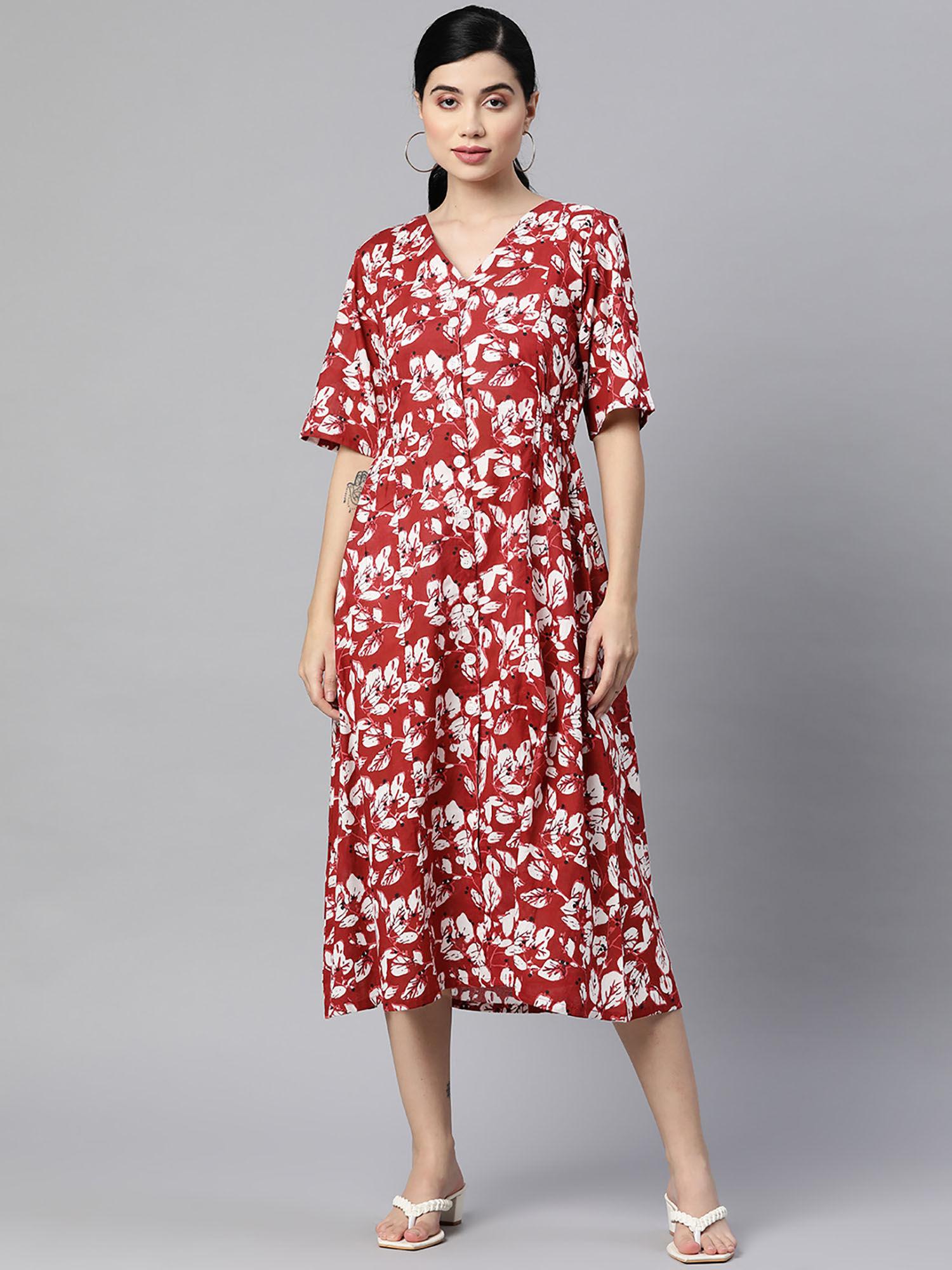 cotton maroon floral print a-line midi dress