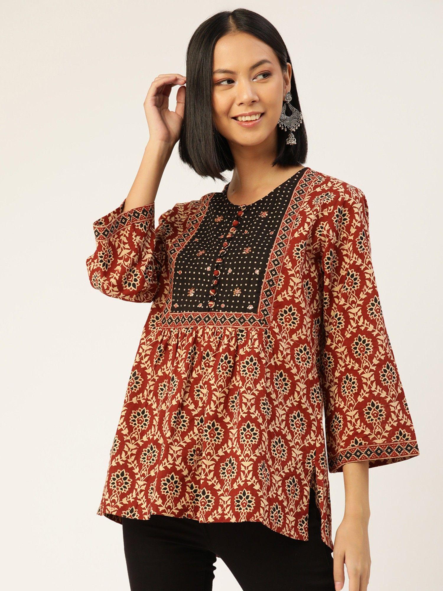 cotton maroon printed round neck three fourth sleeves women top