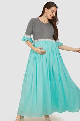 cotton maternity wear solid round neck maxi 3/4 sleeves dress - sea green