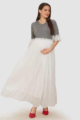 cotton maternity wear solid round neck maxi 3/4 sleeves dress - white