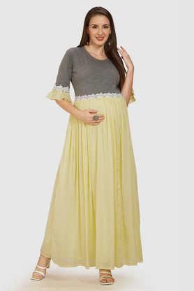 cotton maternity wear solid round neck maxi 3/4 sleeves dress - yellow