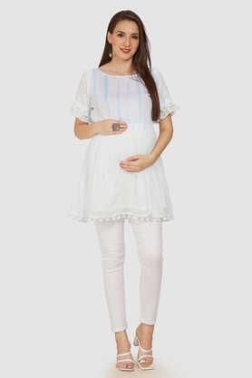 cotton maternity wear washed round neck short sleeves dress - sky blue