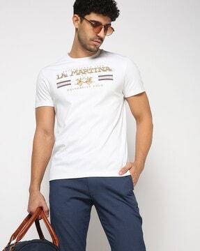 cotton mercerised 3d gold embroidery crew-neck t-shirt