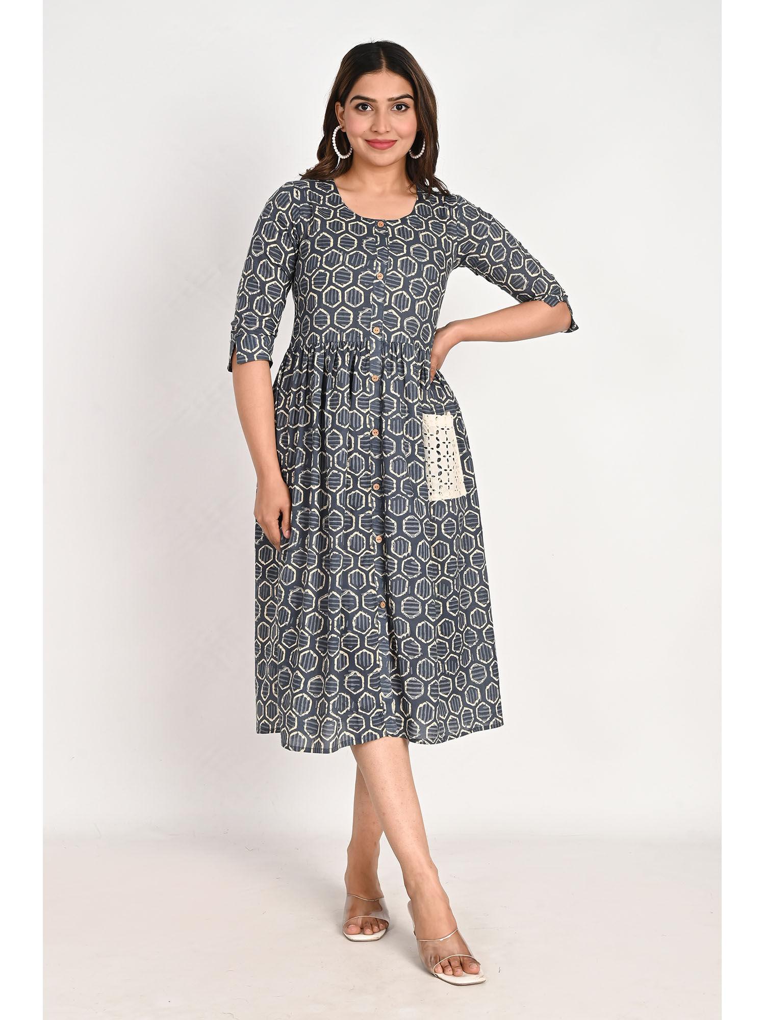 cotton midi blue a line dress with schiffli pockets