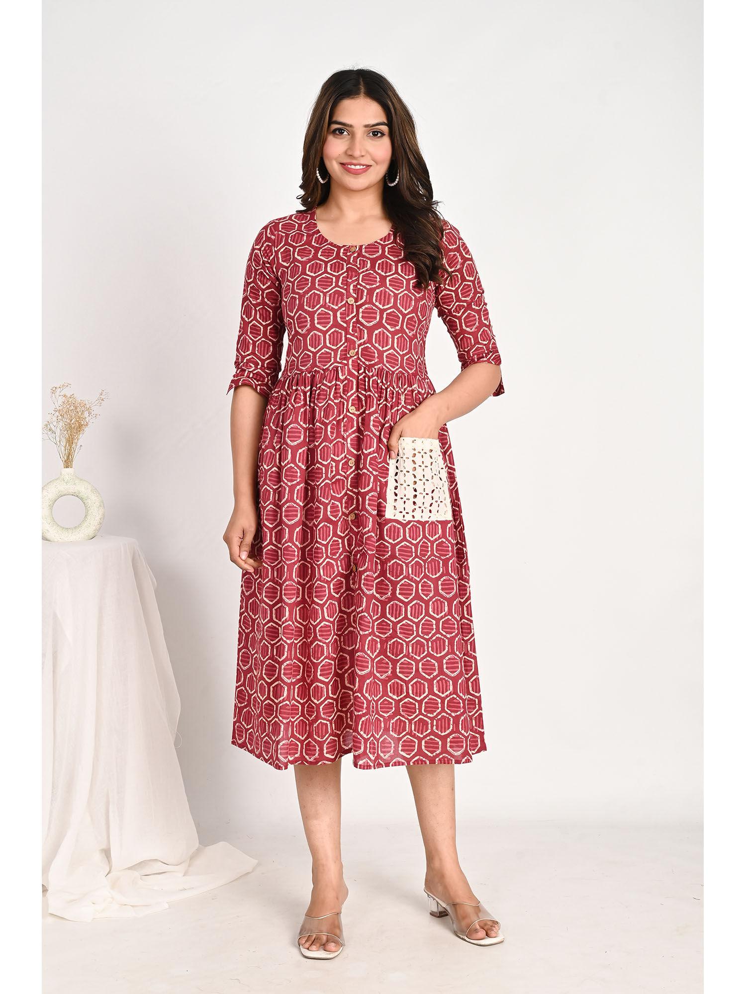 cotton midi pink a line dress with schiffli pockets