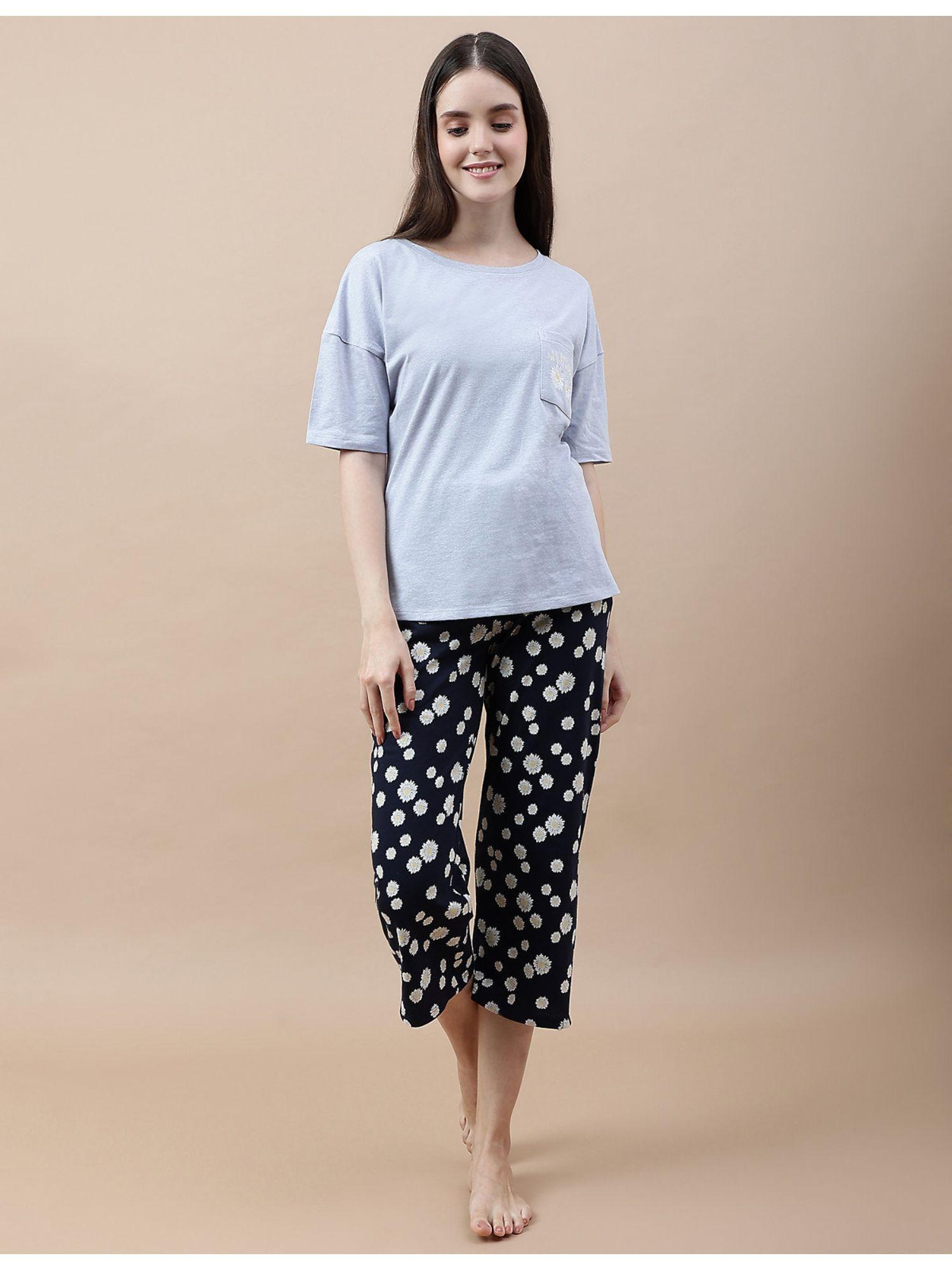 cotton mix crew neck t-shirt & pyjama - blue (set of 2)