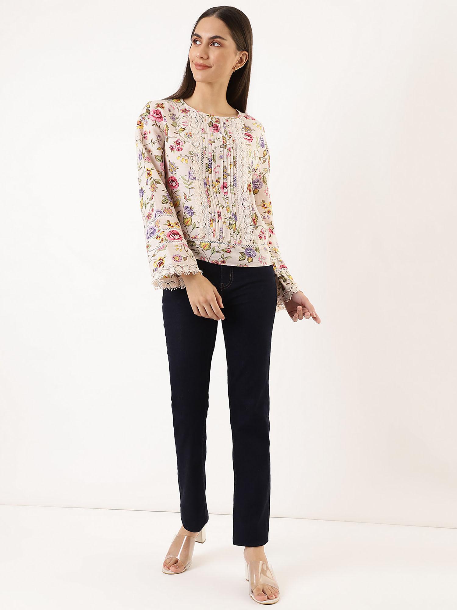 cotton mix floral print crew neck blouse