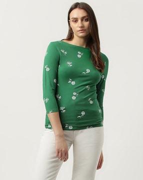 cotton mix floral printed boat-neck t-shirt