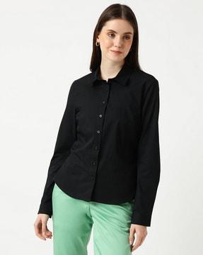 cotton mix plain spread collar shirt