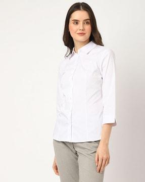 cotton mix plain spread-collar shirt