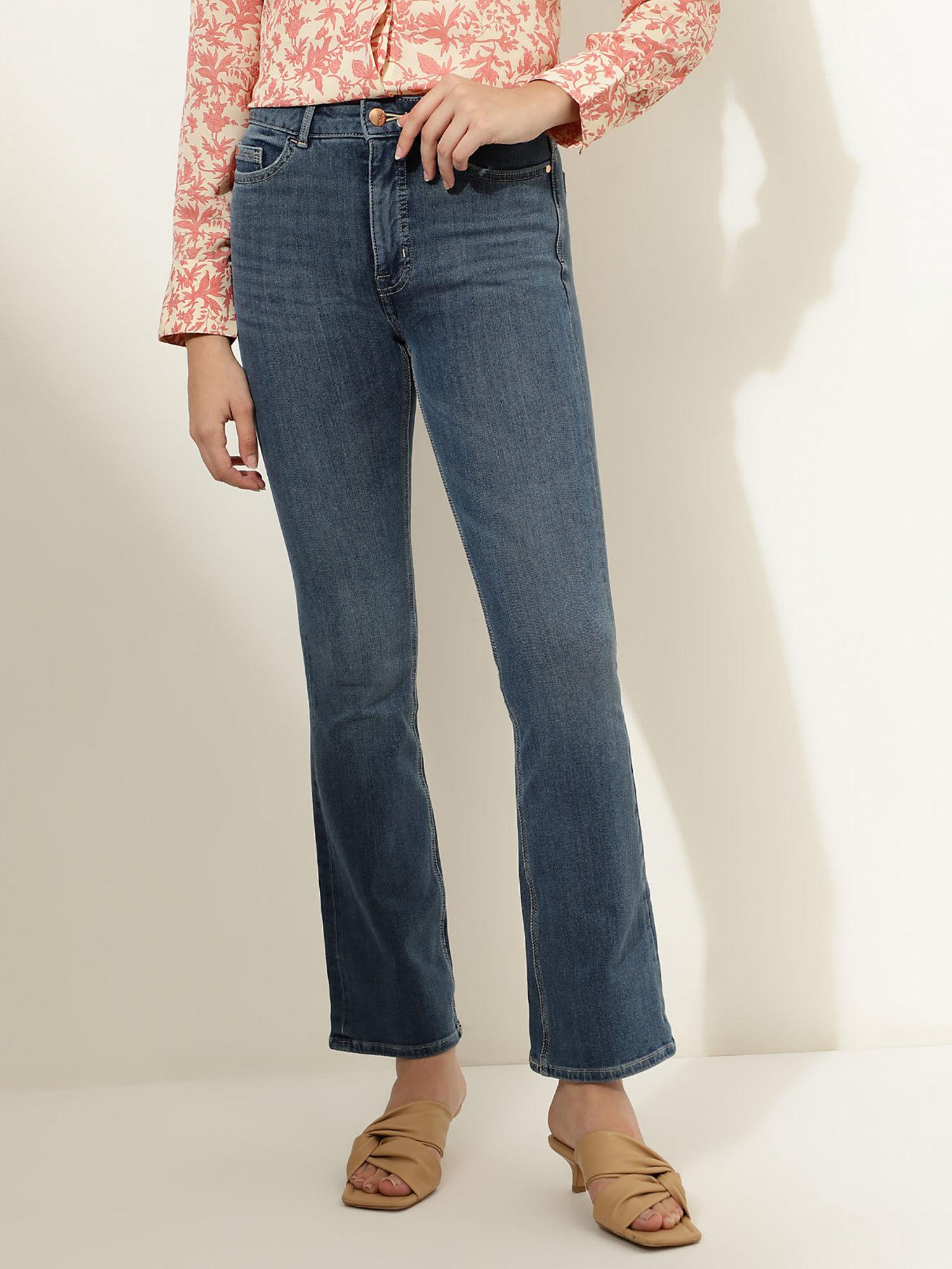 cotton mix plain wide blue jeans