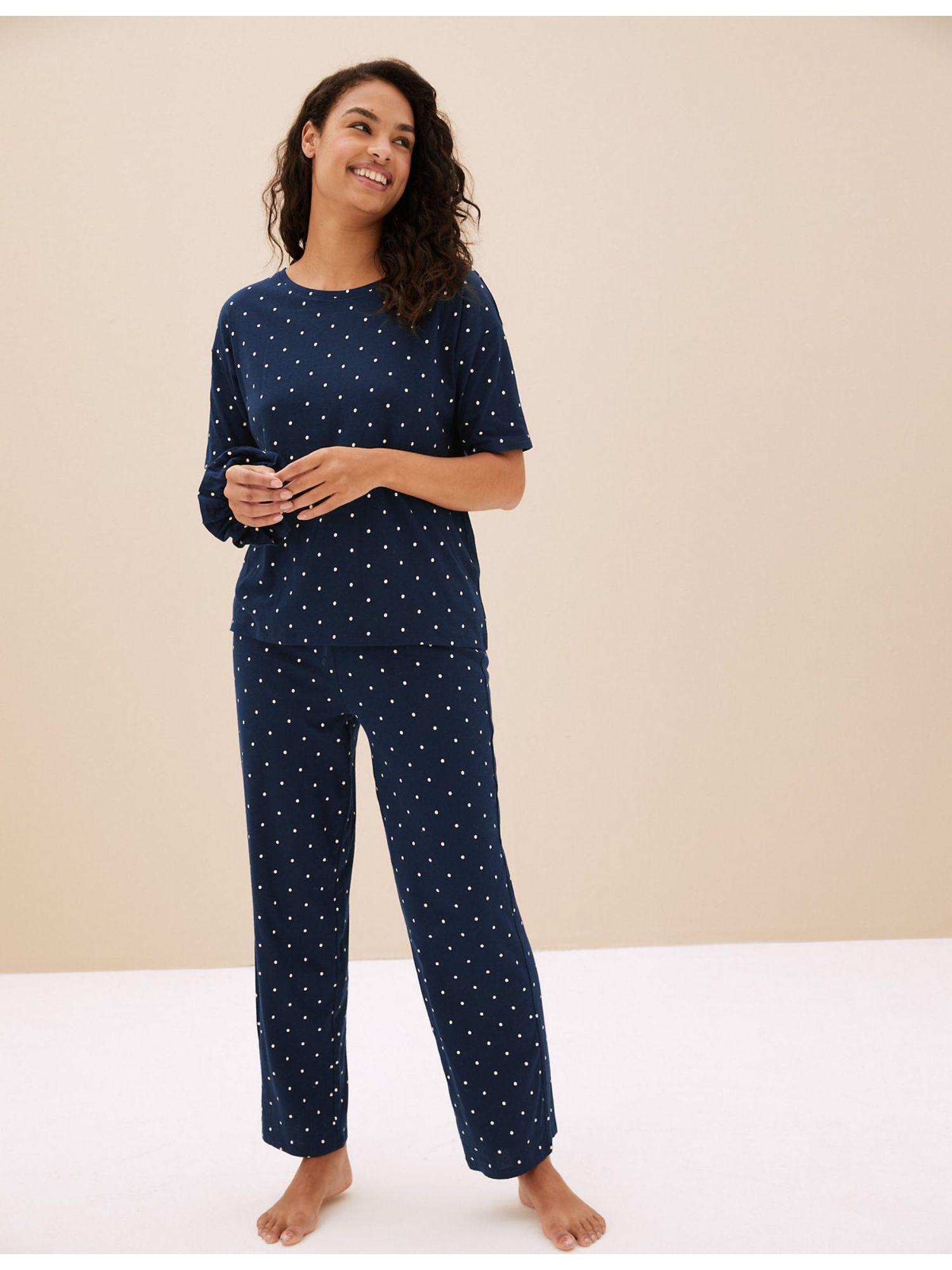 cotton modal cool comfort pyjama with scrunchie - navy blue (set of 3)