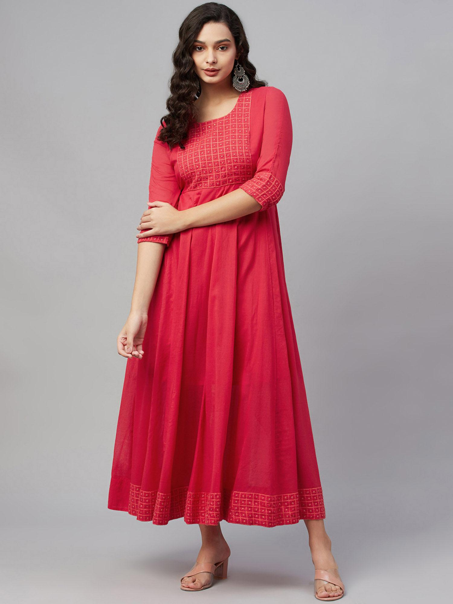 cotton mul embroidered anarkali dress - red
