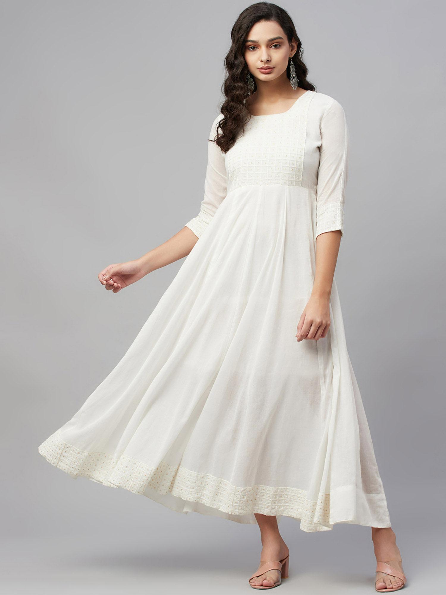 cotton mul embroidered anarkali dress - white