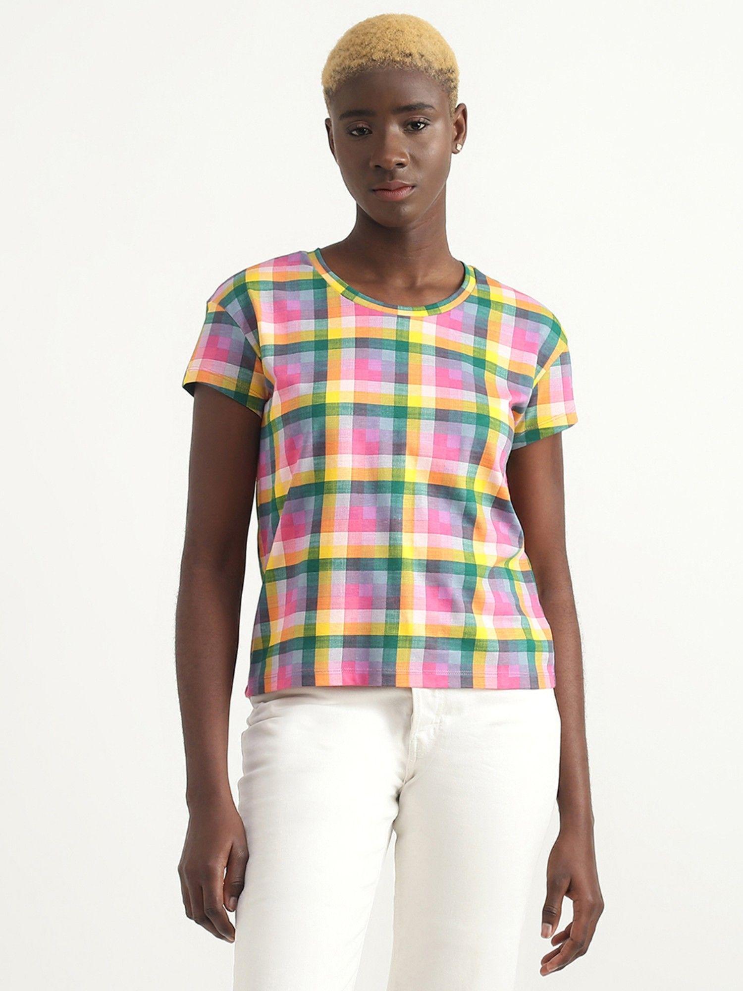 cotton multi color checks round neck women top