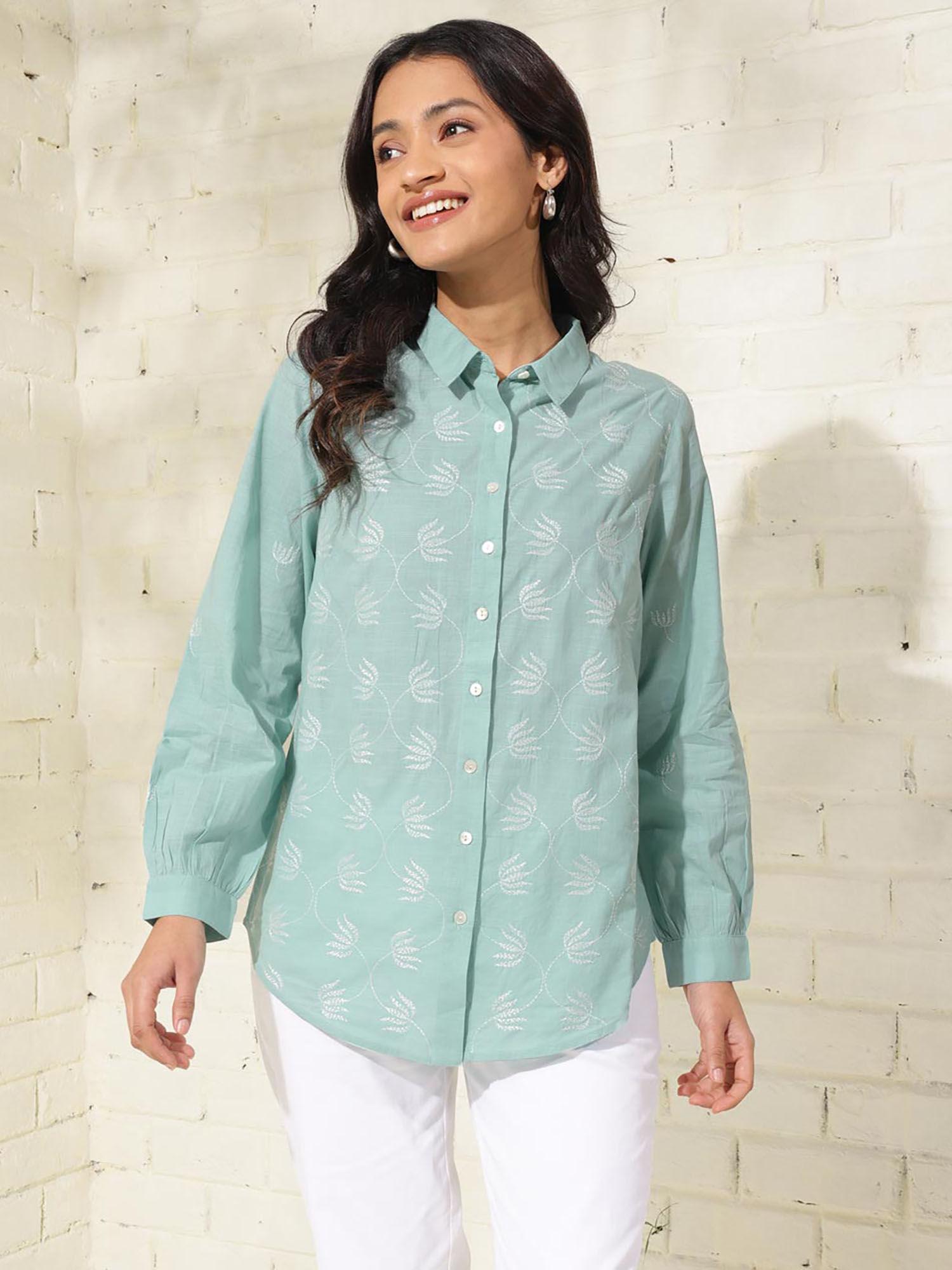 cotton multi-color embroidered chikankari spread collar shirt