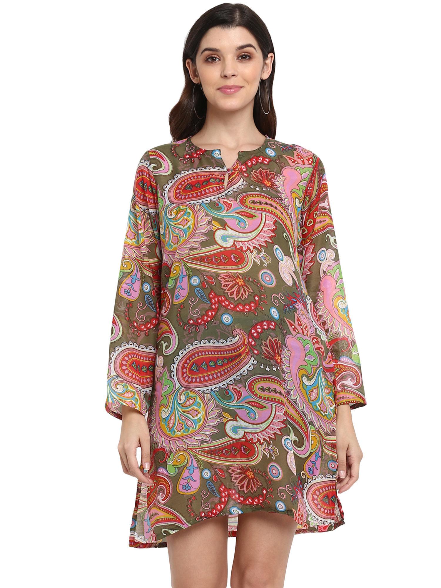 cotton multi-color printed green base tunic dress