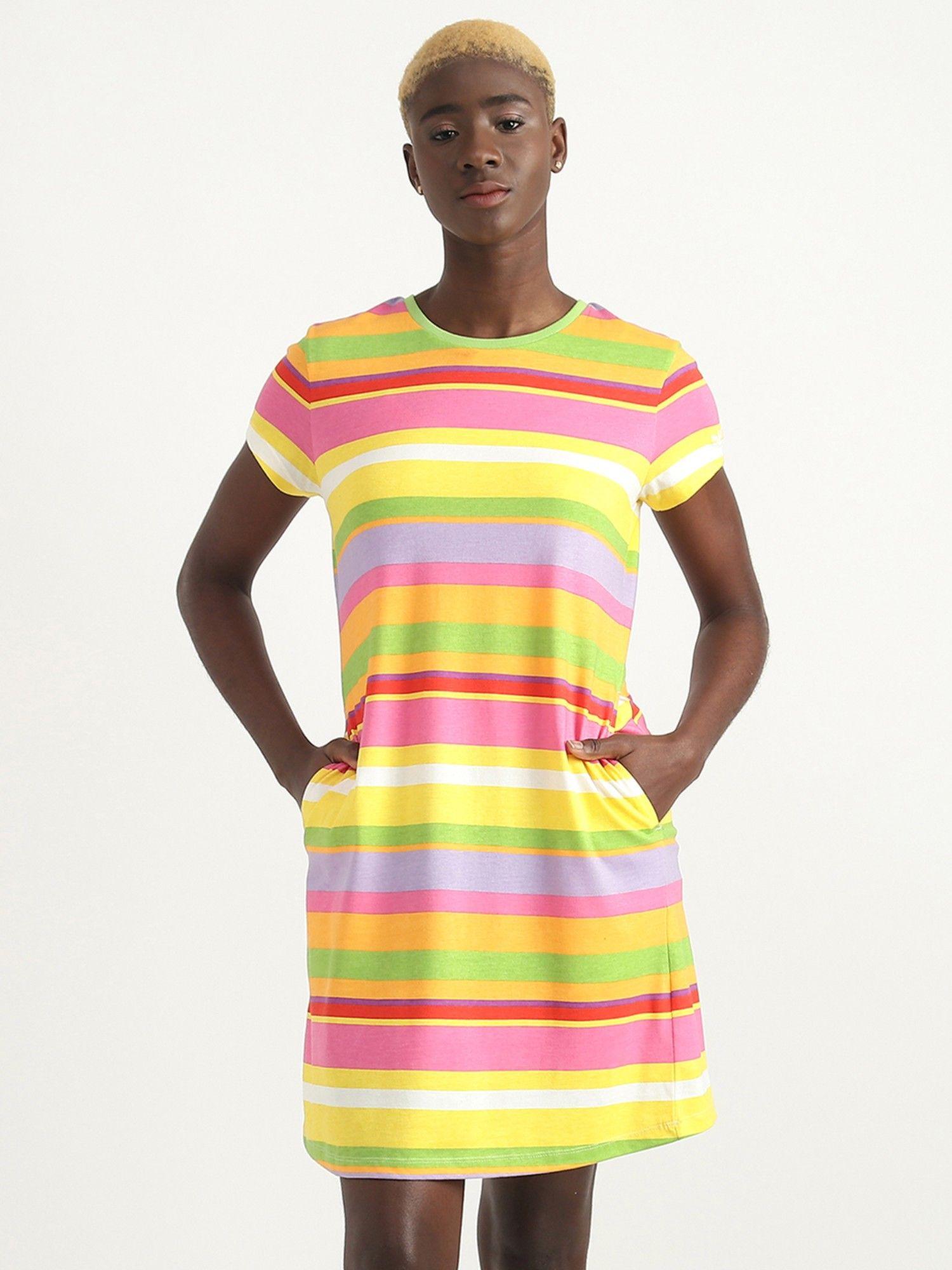 cotton multi-color stripes round neck dress