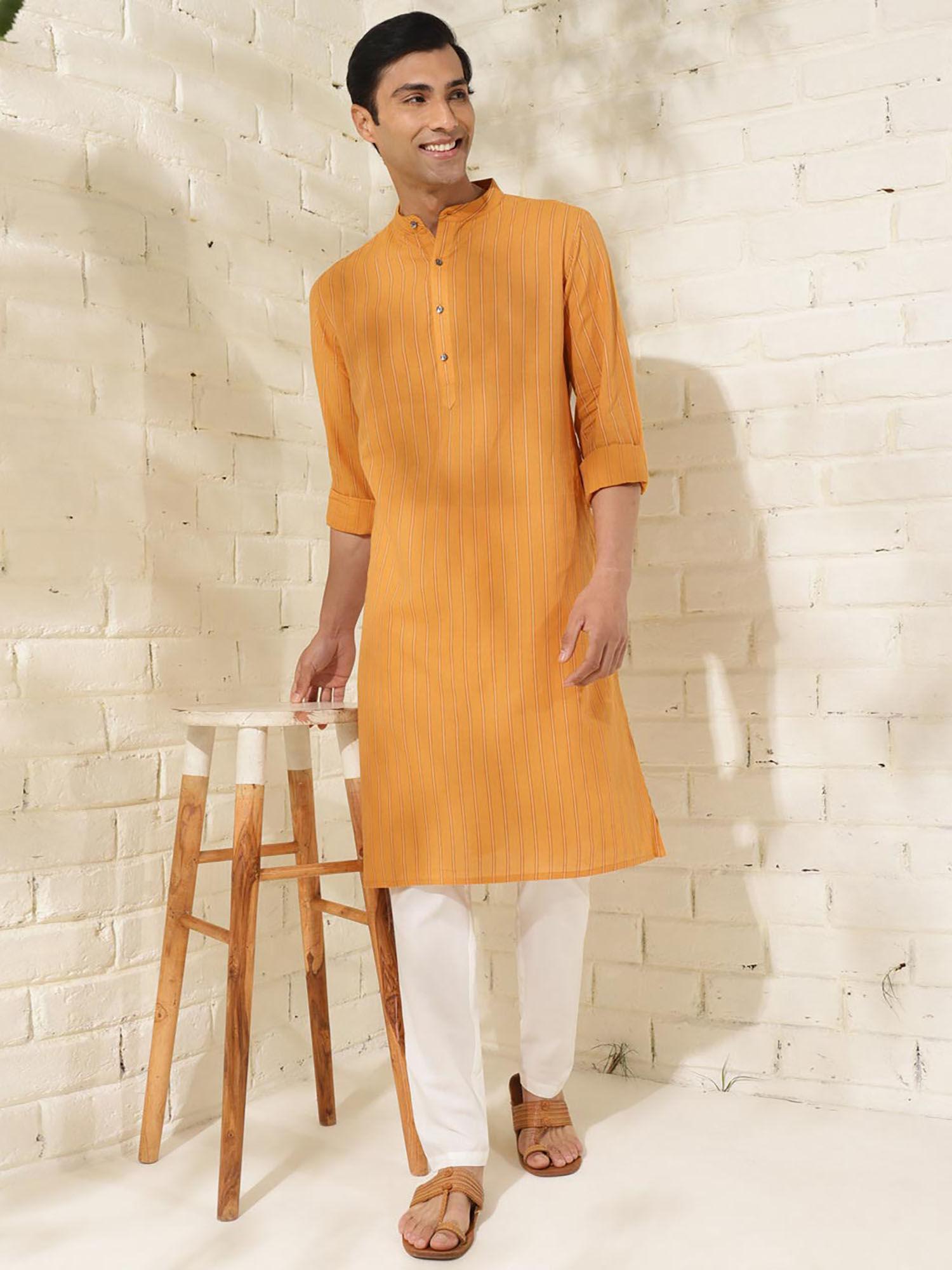 cotton mustard dobby stripes mandarin neck full sleeves comfort fit men kurta