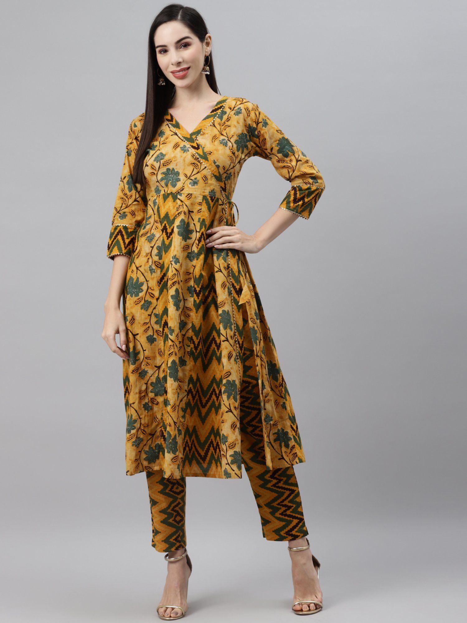 cotton mustard floral print angrakha style kurta with trouser (set of 2)