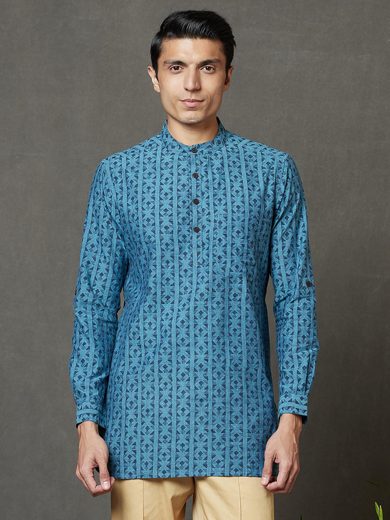 cotton nagari slim fit short kurta with cuff