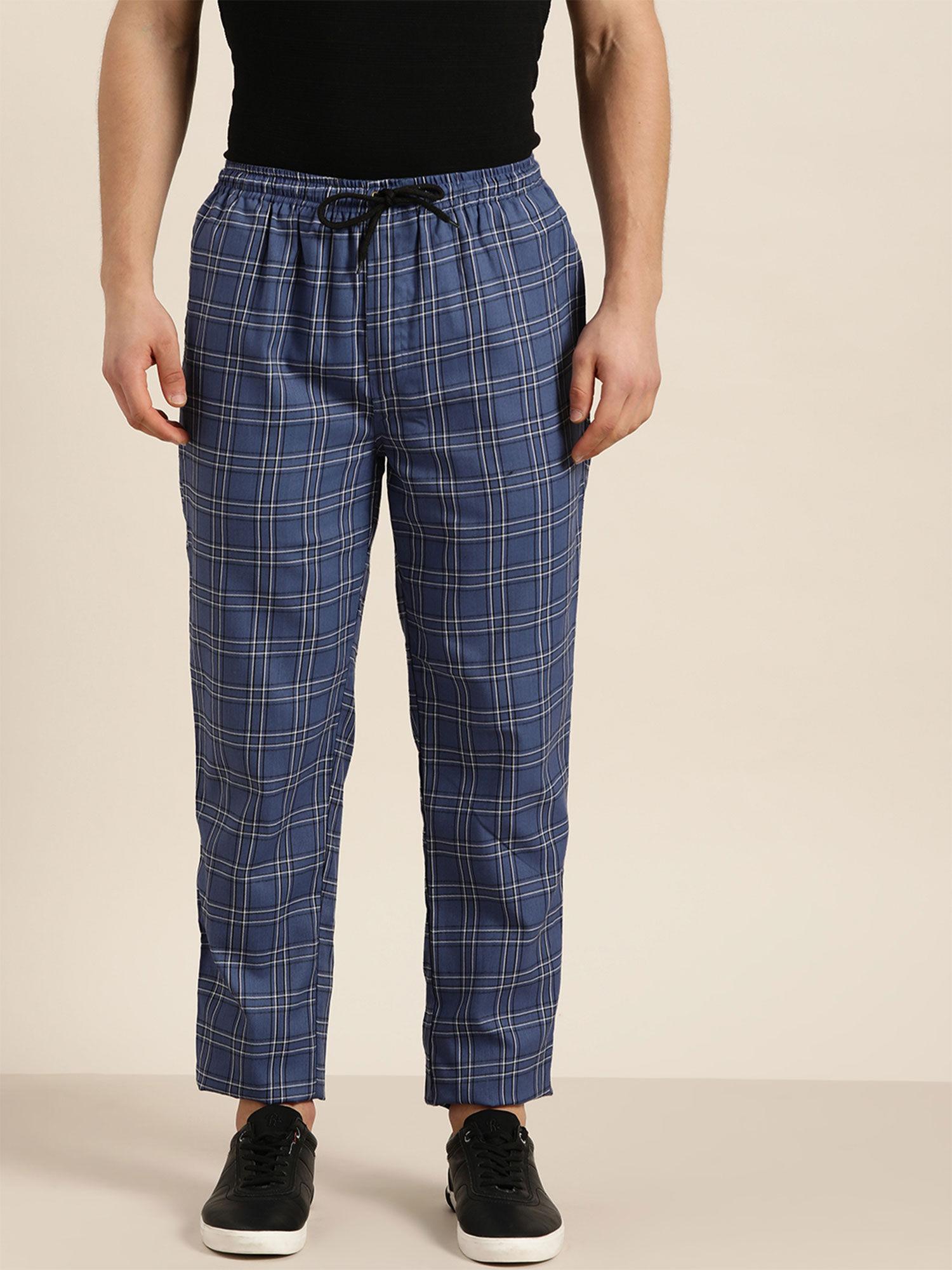 cotton navy blue & white checked track pant
