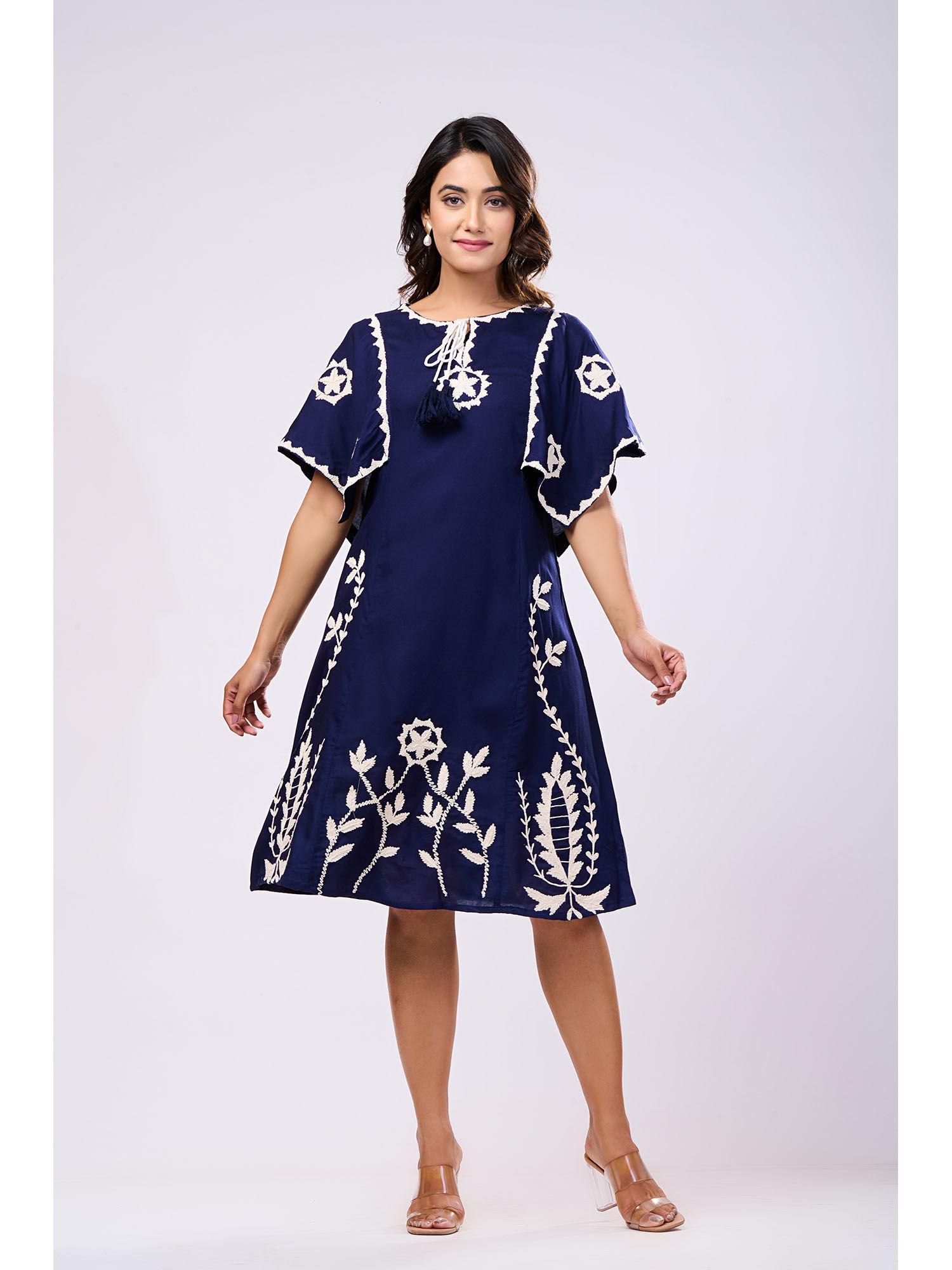 cotton navy blue embroidered knee length dress