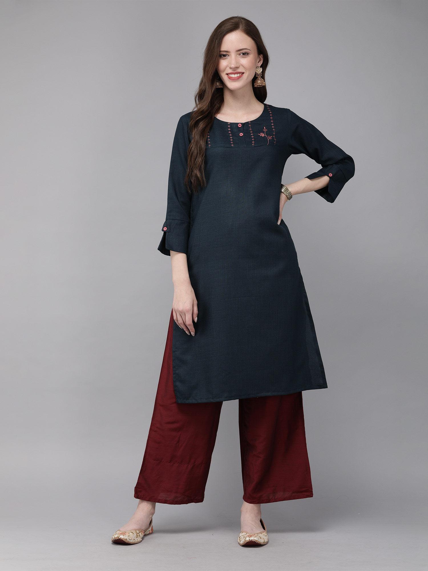 cotton navy blue embroidered straight casual kurta