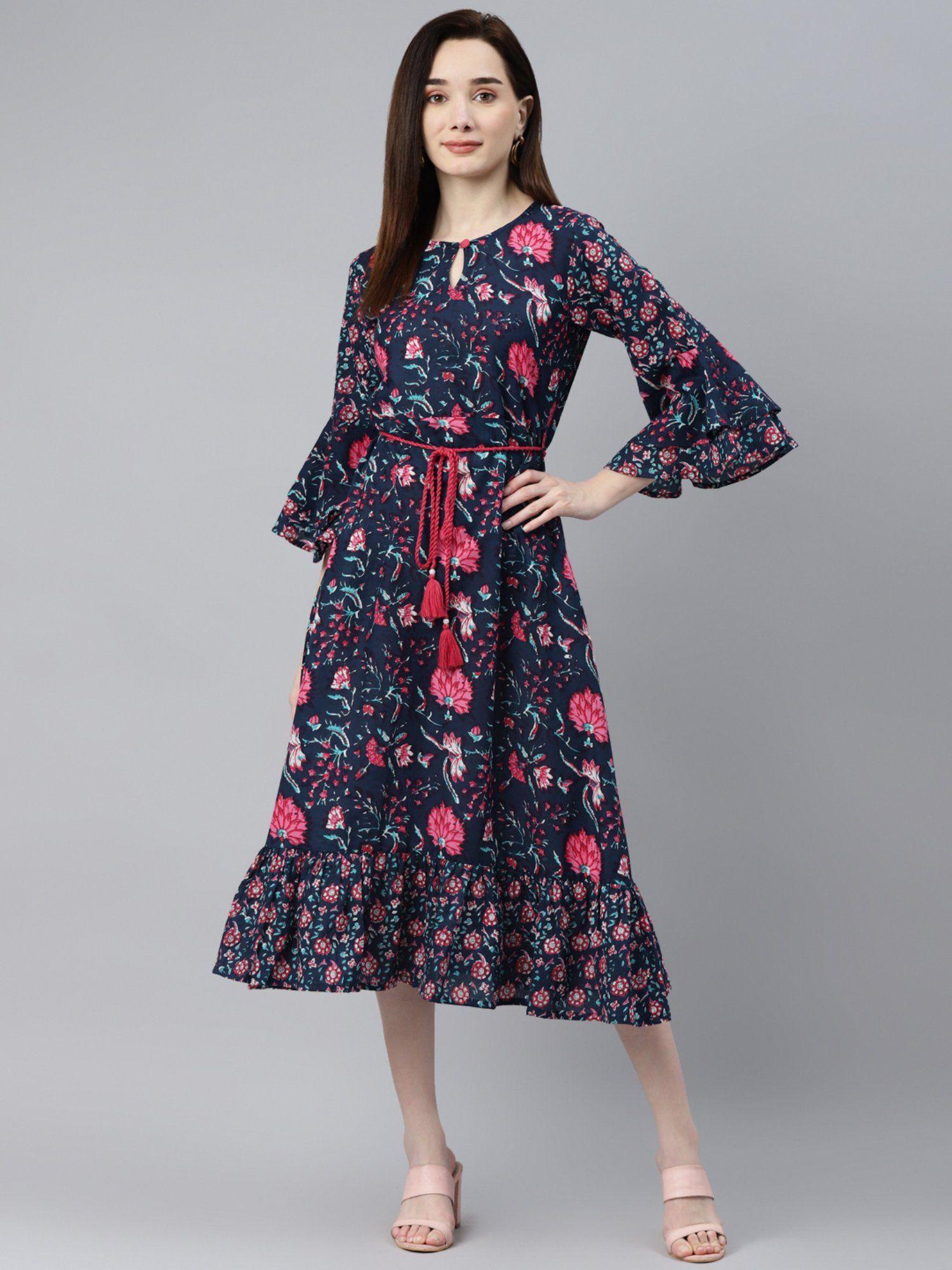 cotton navy blue floral print a-line dress with belt (set of 2)