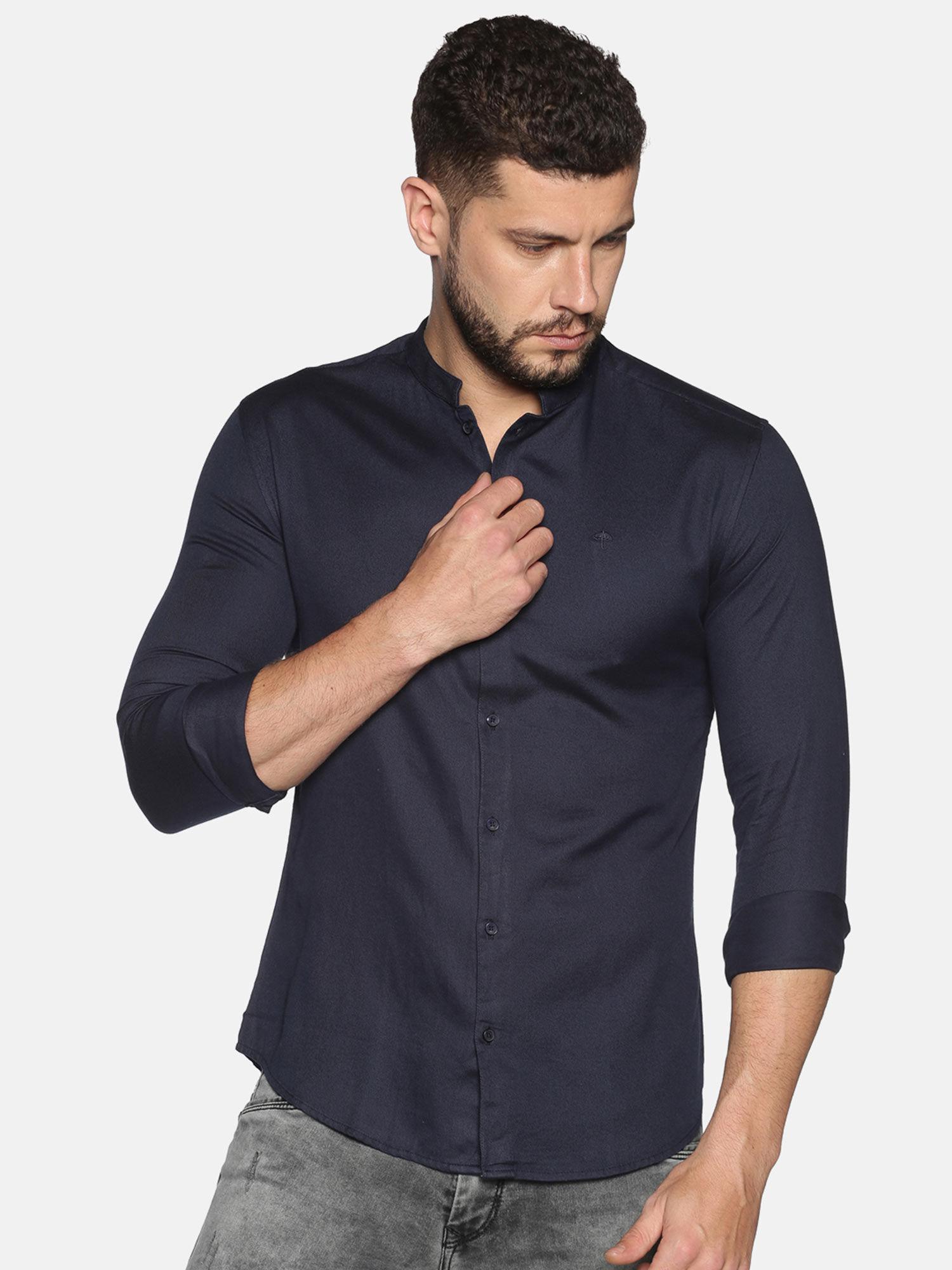 cotton navy blue solid slim fit shirt