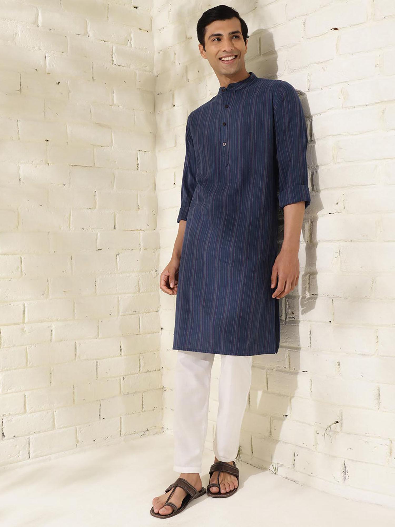 cotton navy dobby stripes mandarin neck full sleeves slim fit men kurta