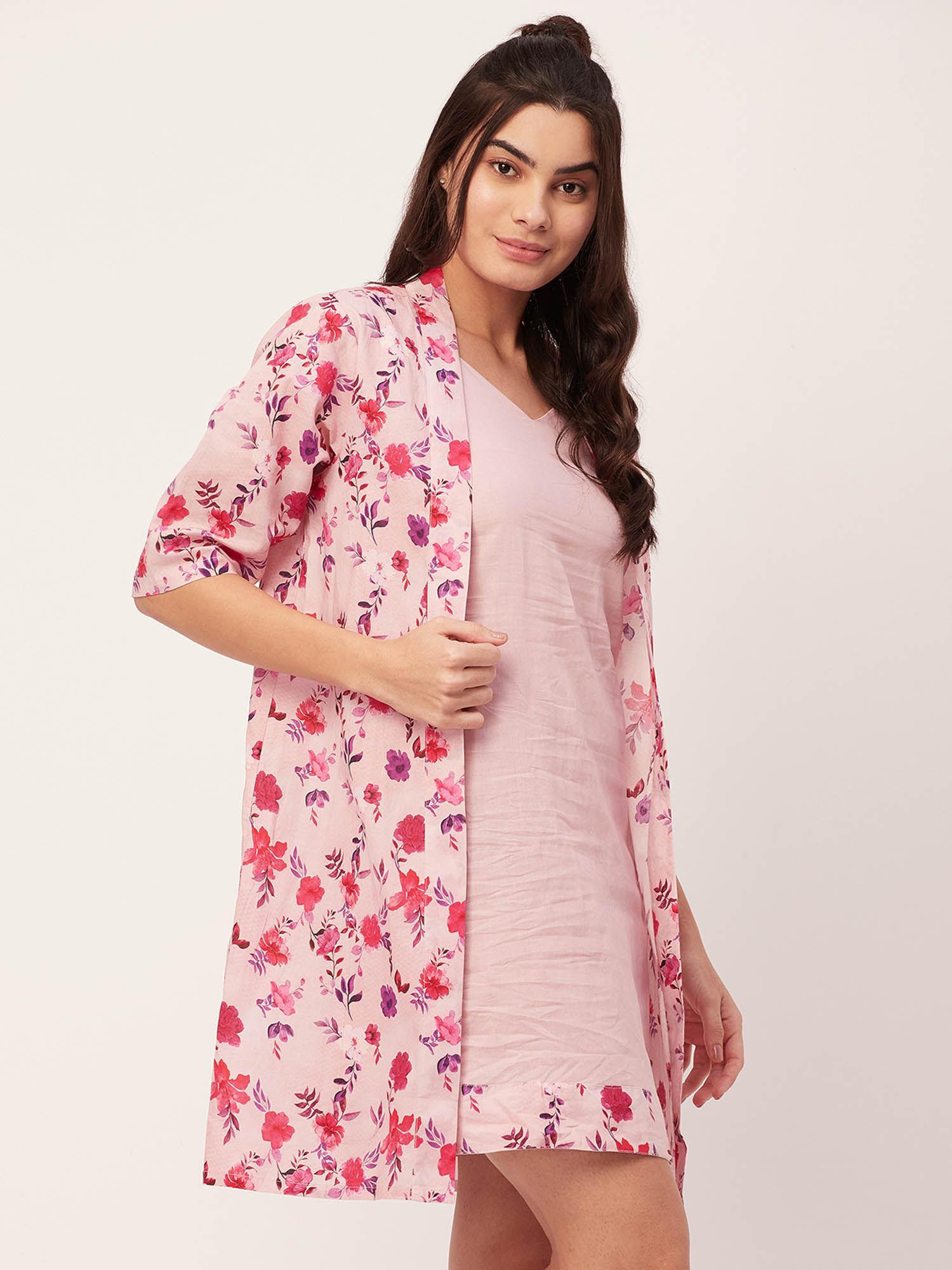 cotton night dress for women - pink (set of 2)