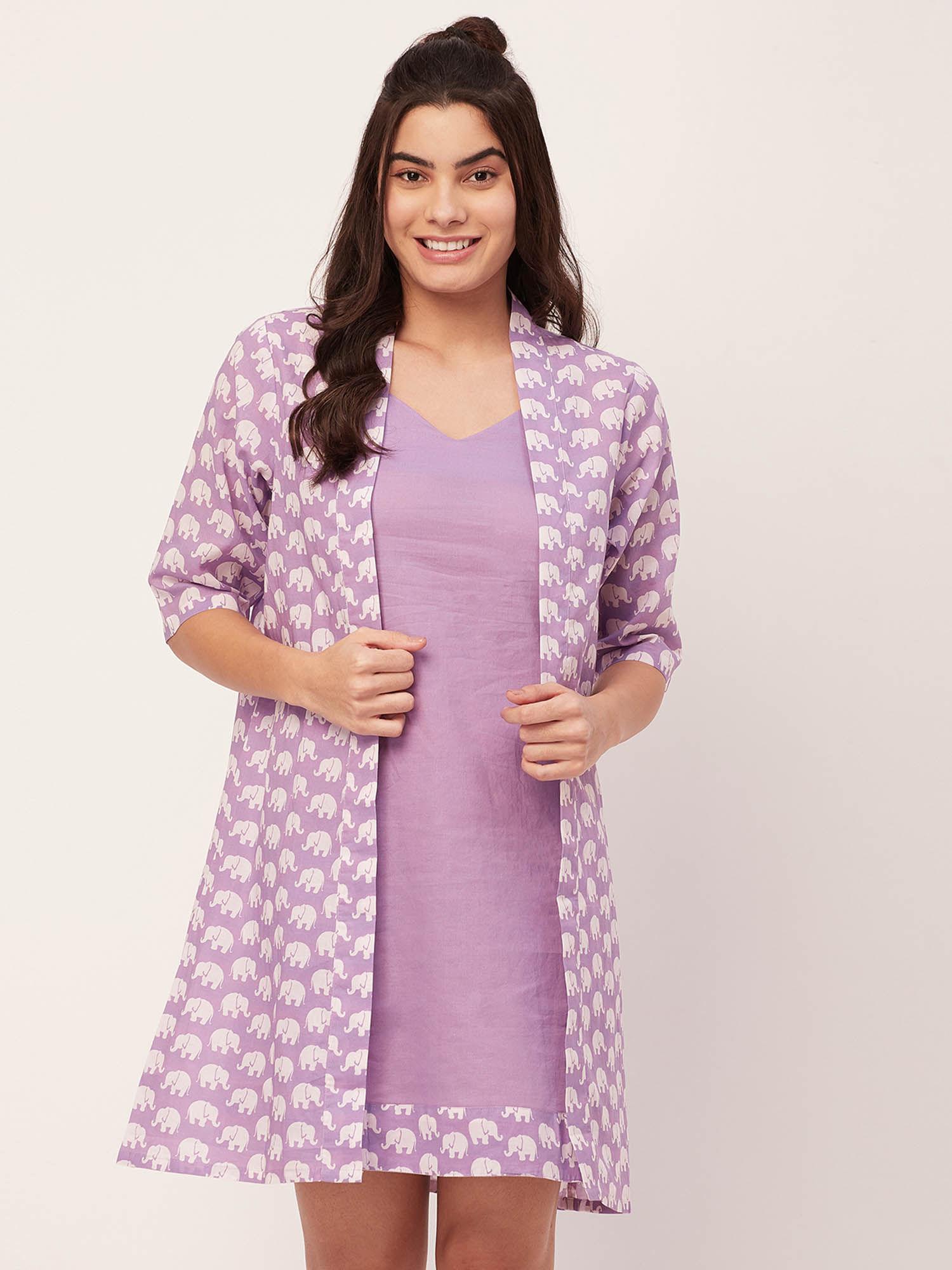 cotton night dress for women - purple (set of 2)