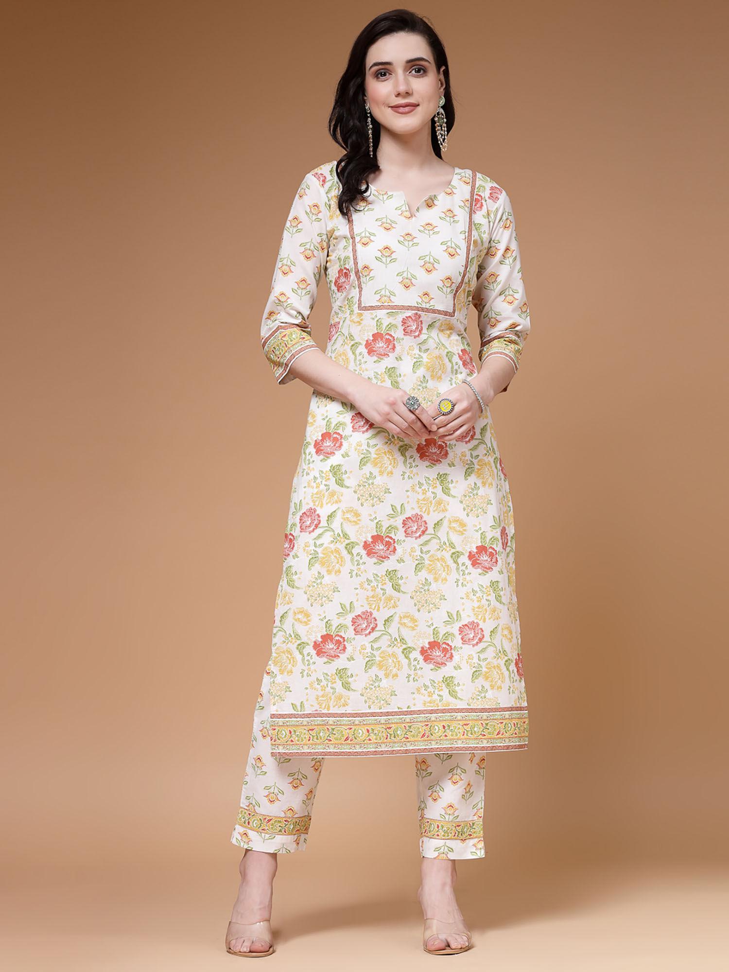 cotton off white floral print straight kurta