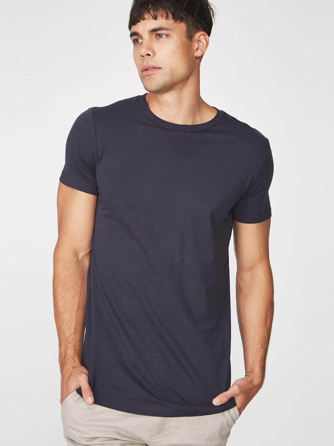 cotton on men navy blue solid round neck t-shirt