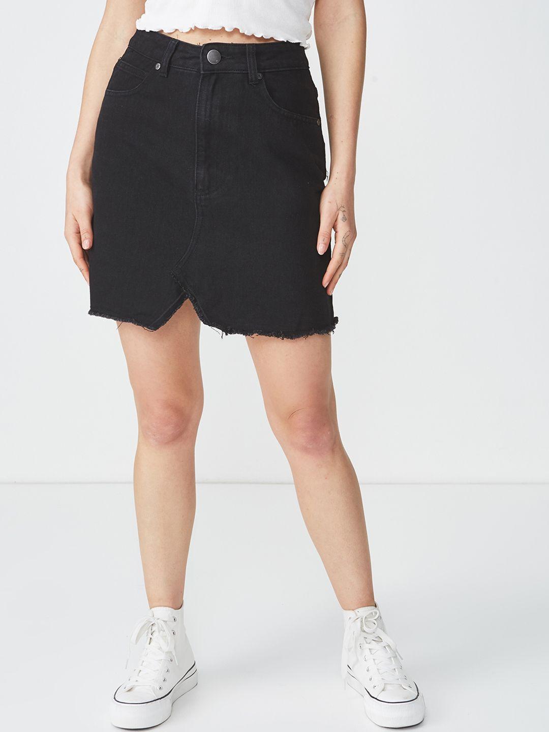 cotton on women black solid pure cotton denim pencil skirt