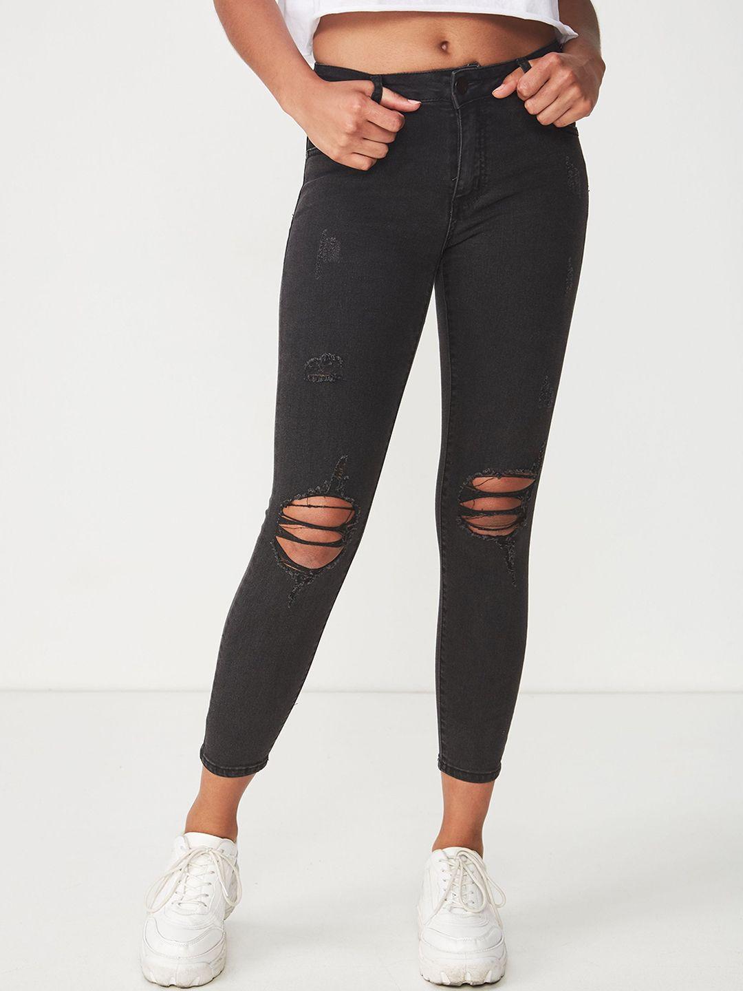 cotton on women black super skinny fit mid-rise slash knee jeans