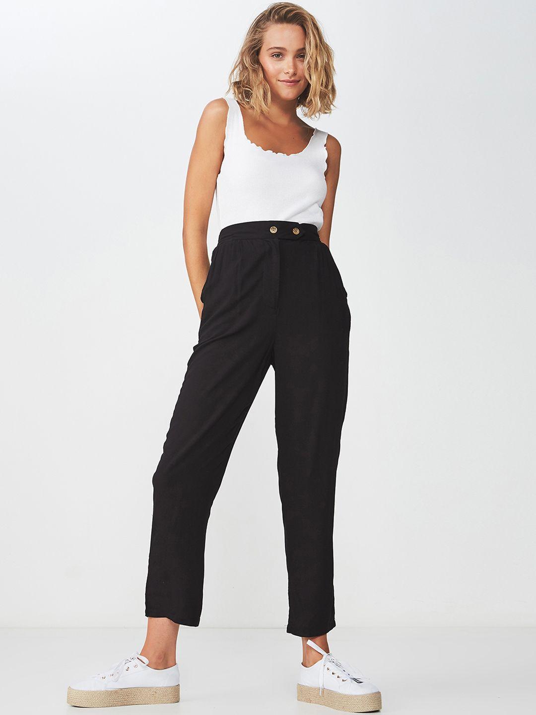 cotton on women black tapered fit solid regular trousers