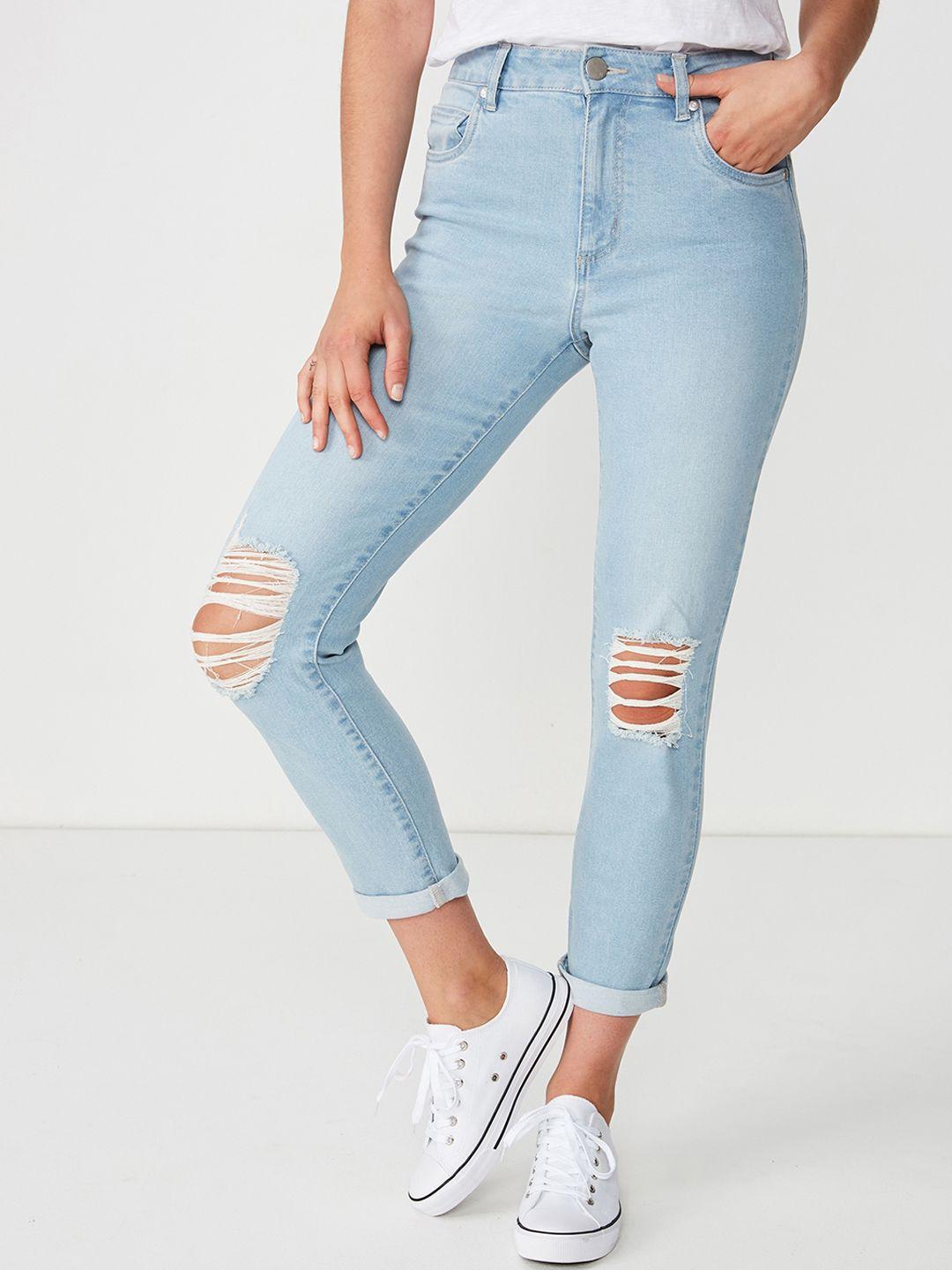 cotton on women blue relaxed fit high-rise highly distressed jeans