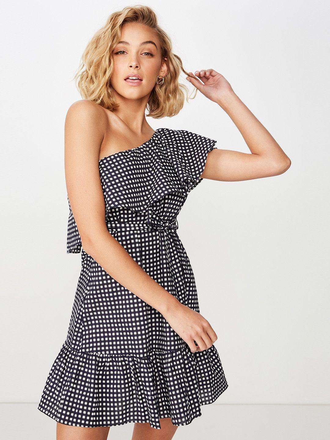 cotton on women navy blue checked fit and flare dress