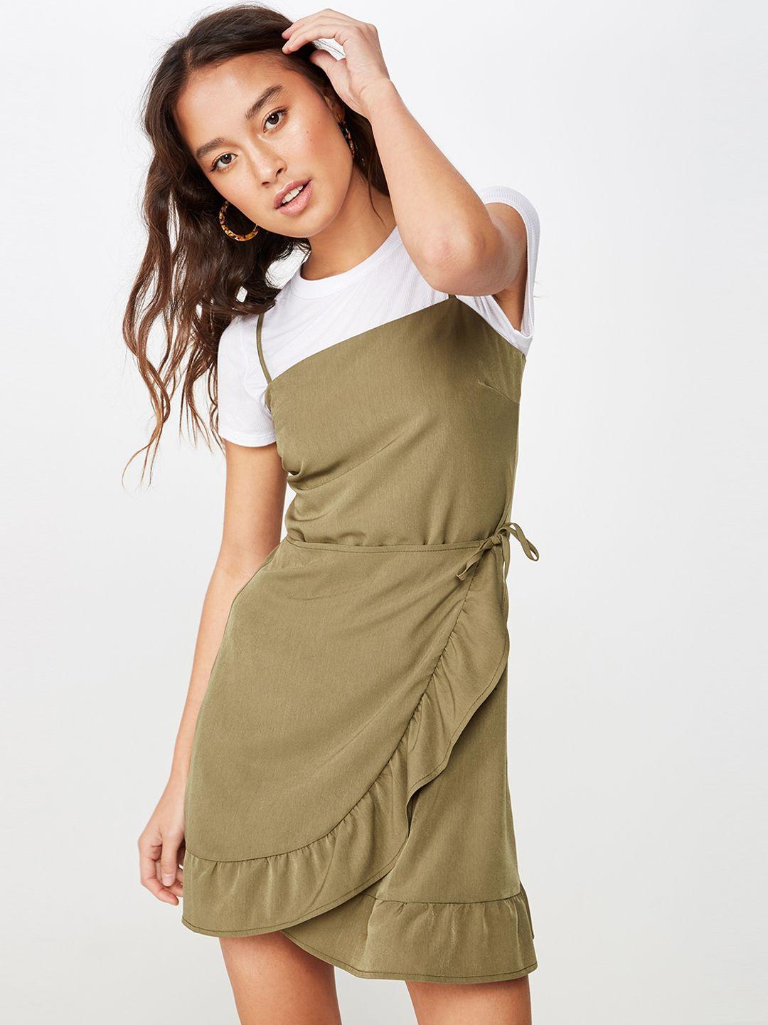 cotton on women olive green & white solid fit and flare dress